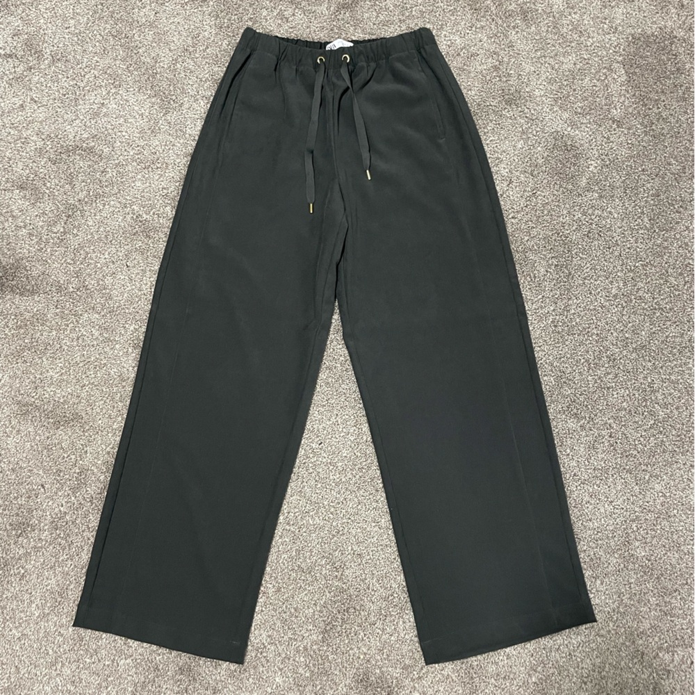 Zara Black Straight-Leg Drawstring Trousers